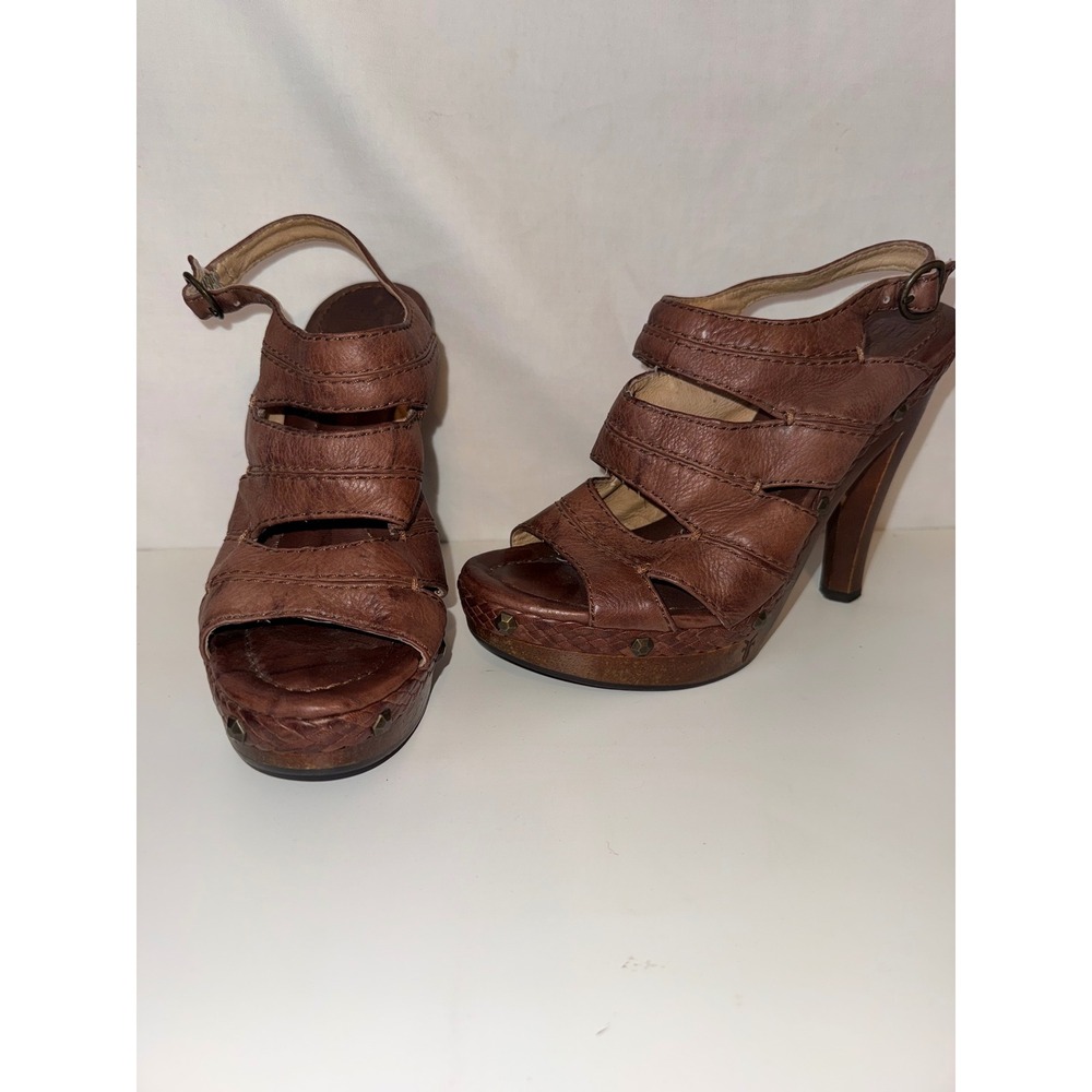Frye Dara Campus Stitch Brown Leather Platform Sandals Heels 7M 73625
